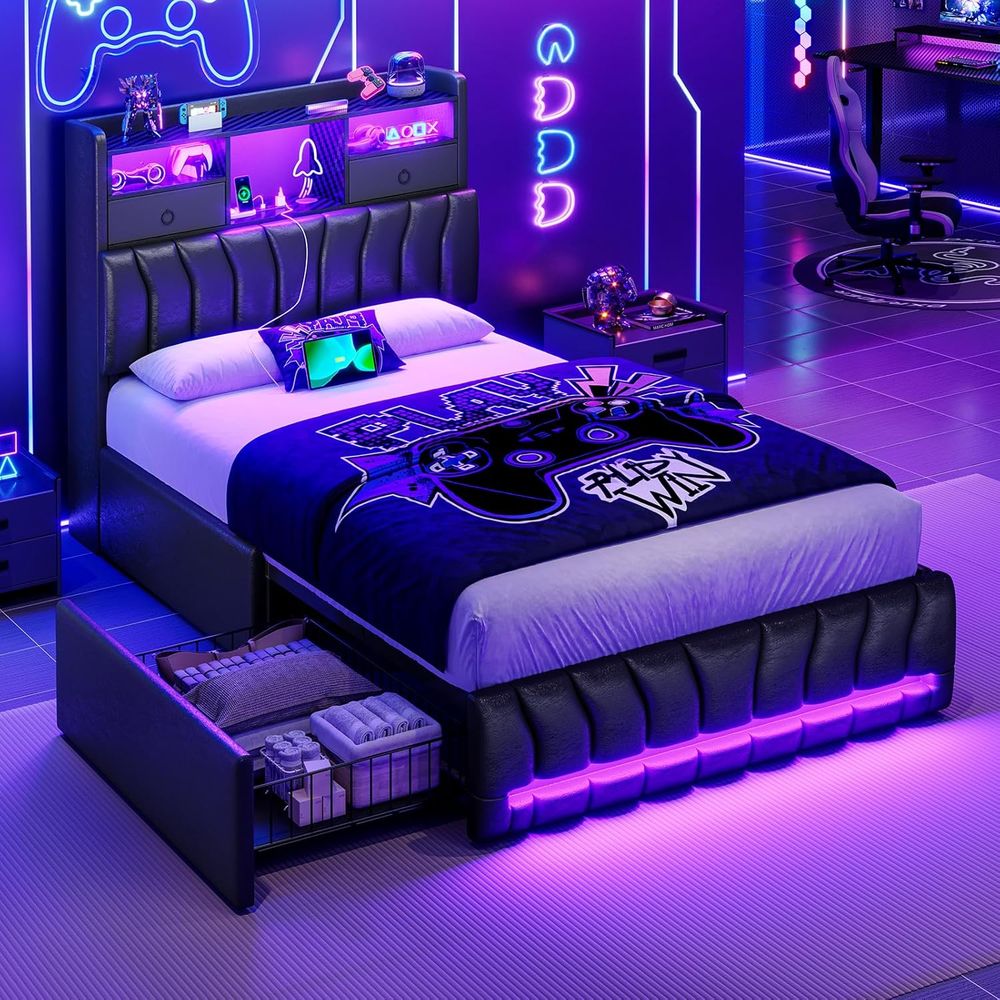 Esports Gaming Bed - 수납판이 있는 트윈 침대, 서랍 2개,