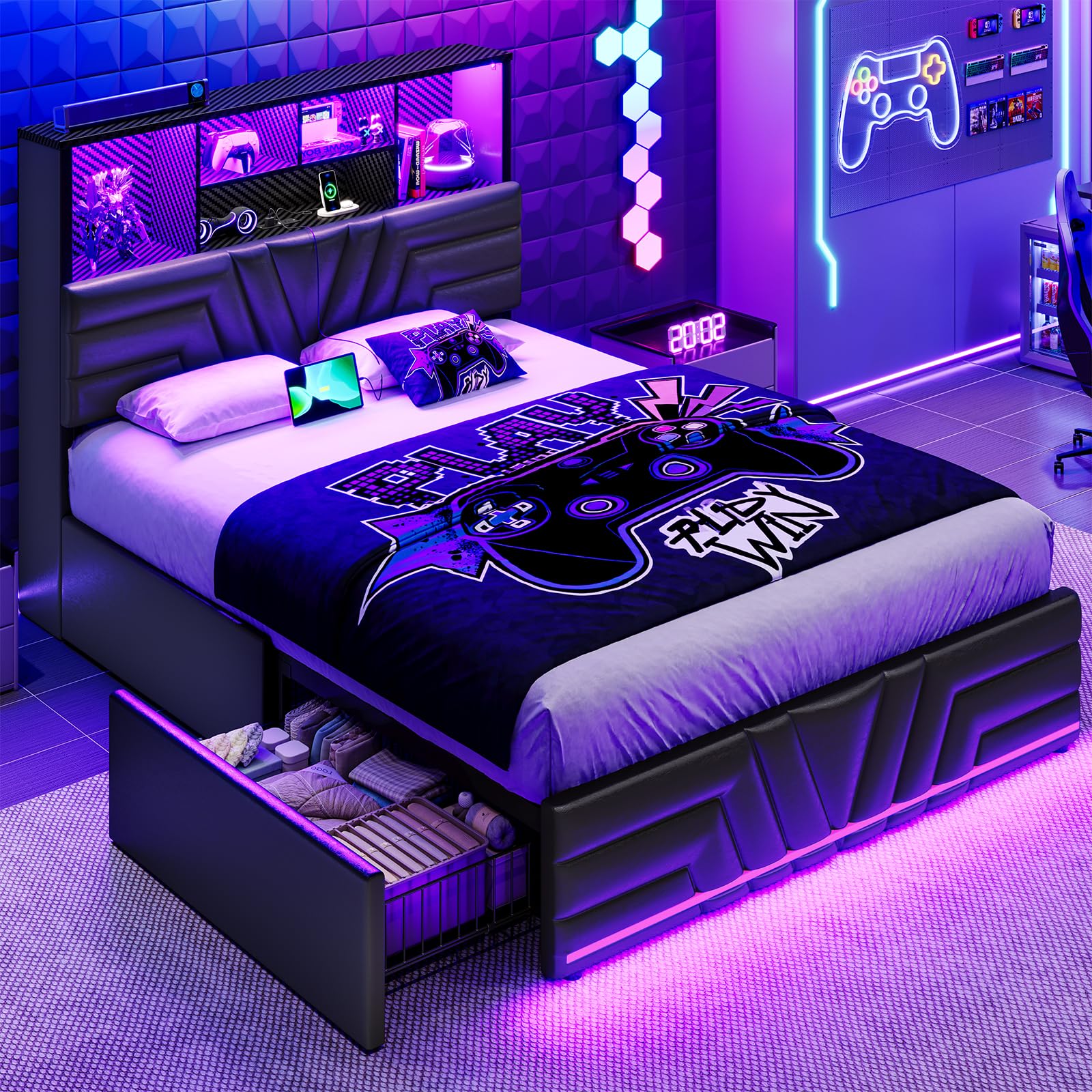 풀사이즈 침대 프레임(서랍 4개 및 수납형 헤드보드 포 - Esports Gaming Bed 리뷰 및 가격