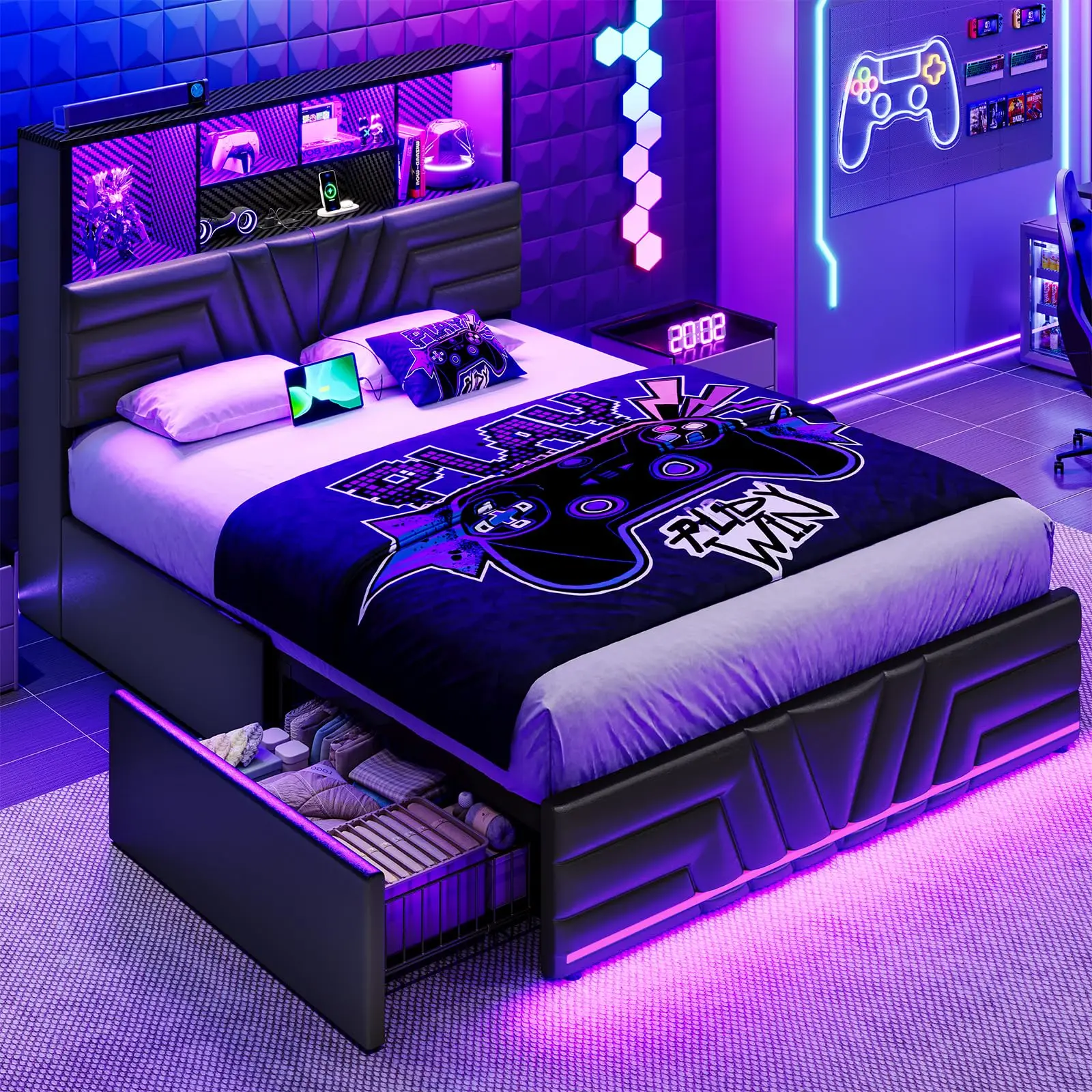 풀사이즈 침대 프레임(서랍 4개 및 수납형 헤드보드 포 - Esports Gaming Bed 리뷰 및 가격