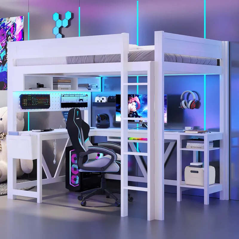 화이트 게이밍 로프트 침대(책상, 수납공간, LED 조 - Esports Gaming Bed 리뷰 및 가격